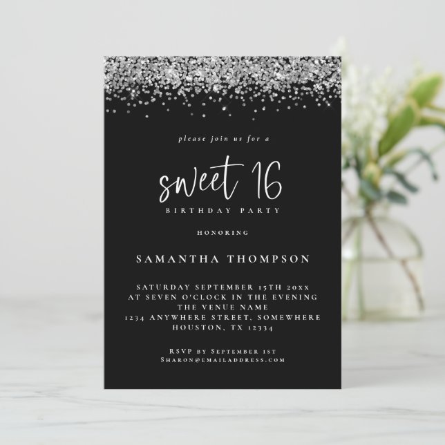 Trendy Silver Glitter Sweet 16 Birthday Black  Invitation (Standing Front)