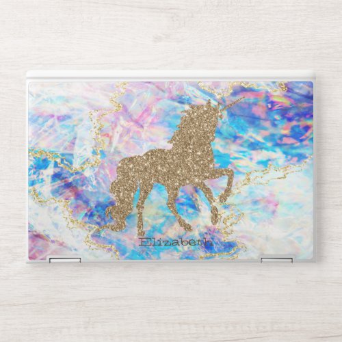 Trendy Silver Glitter Unicorn Holographic Opal HP Laptop Skin