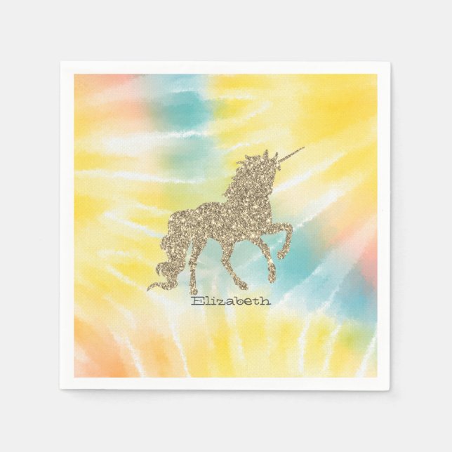 Trendy Silver Glitter Unicorn Tie Dye  Napkins (Front)