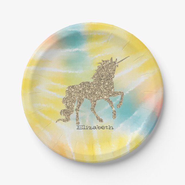 Trendy Silver Glitter Unicorn Tie Dye  Paper Plates (Front)