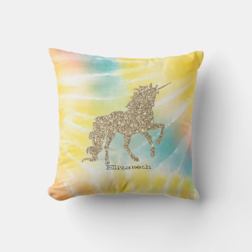 Trendy Silver Glitter Unicorn Tie Dye Throw Pillow