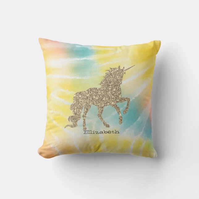 Trendy Silver Glitter Unicorn Tie Dye Throw Pillow (Front)