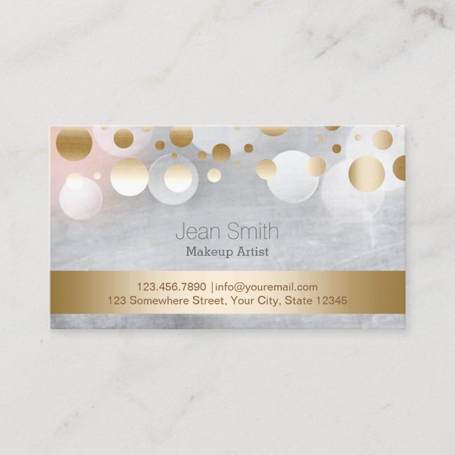 Trendy Silver & Gold Confetti Dots Makeup Artist Business Card (Front)