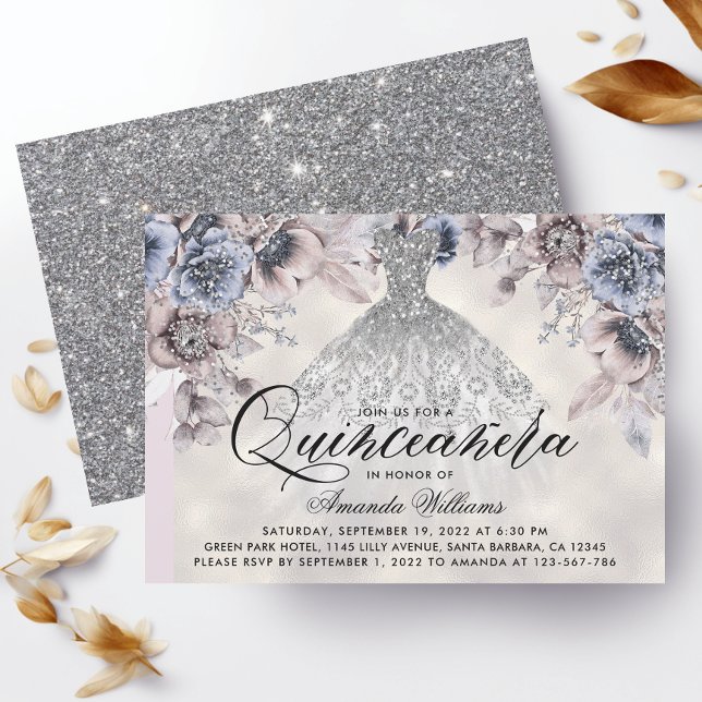 Trendy Silver Gown Floral Photo Quinceañera  Invitation (Creator Uploaded)