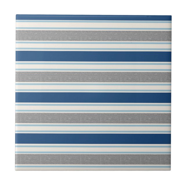 Trendy Silver Gray And Blue Stripes Pattern Ceramic Tile (Front)
