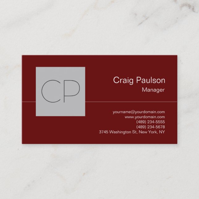 Trendy Silver Gray Red Chic Monogram Business Card (Front)