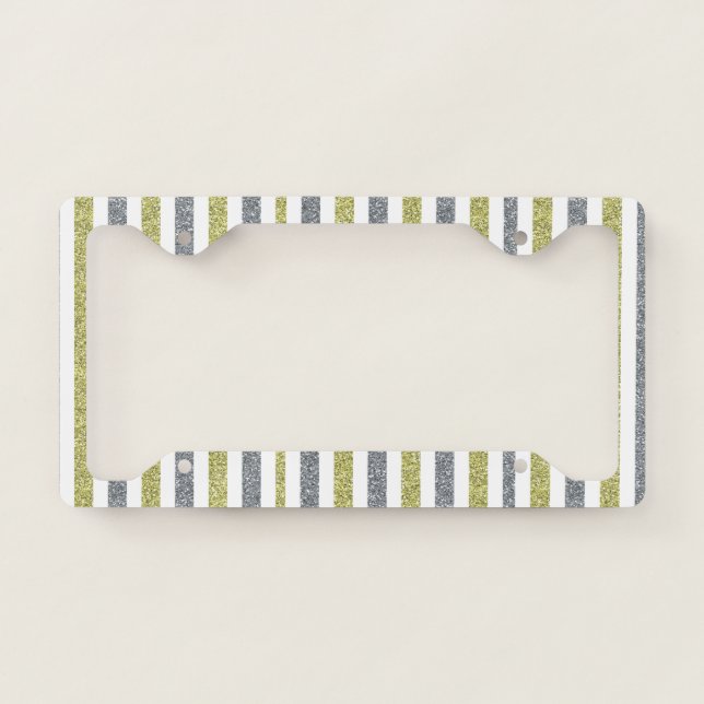 Trendy Silver Green Glitter Stripes License Plate Frame (Front)