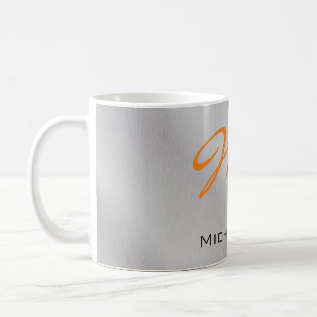 Trendy Silver Grey Orange Monogram Coffee Mug (Left)