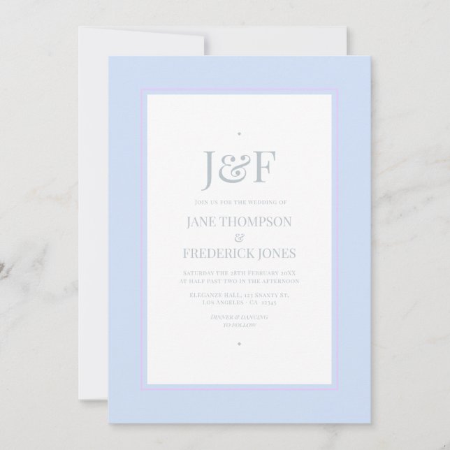 Trendy Silver, Icy Blue and Lilac Wedding Invitation (Front)
