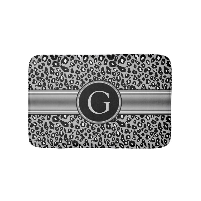 Trendy Silver Leopard Pattern and Monogram Bath Mat (Front)