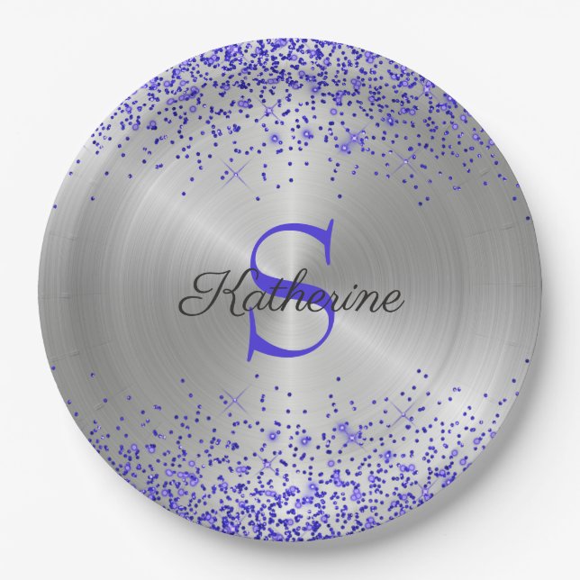 Trendy Silver Metallic Purple Glitter Monogram Paper Plates (Front)