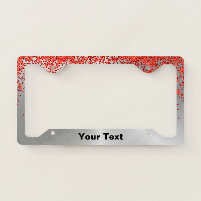 Trendy Silver Metallic Red Glitter License Plate Frame (Front)
