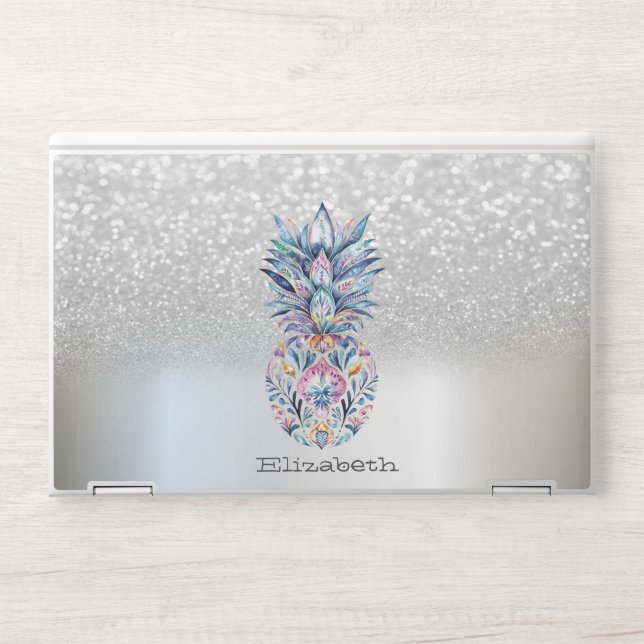 Trendy Silver Pineapple, Silver Glitter Bokeh HP Laptop Skin (Front)