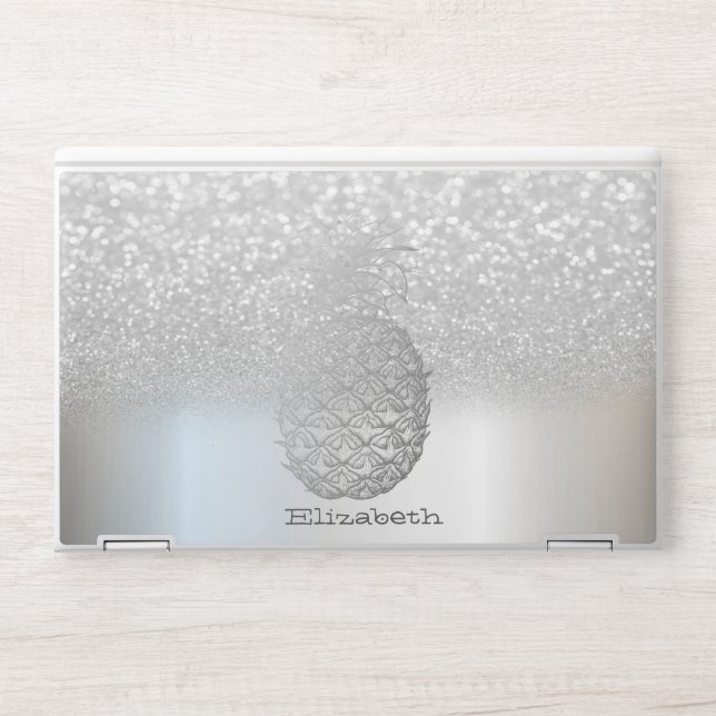Trendy Silver Pineapple, Silver Glitter Bokeh HP Laptop Skin (Front)