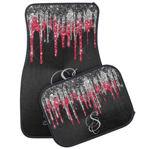 Trendy Silver Red Black Glitter Drips Monogram Car Floor Mat