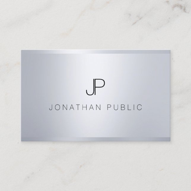 Trendy Silver Template Elegant Monogrammed Modern Business Card (Front)