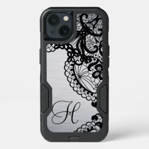 Trendy Silver with Black Lace & custom Monogram iPhone 13 Case