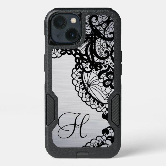 Trendy Silver with Black Lace & custom Monogram Otterbox iPhone Case (Back)