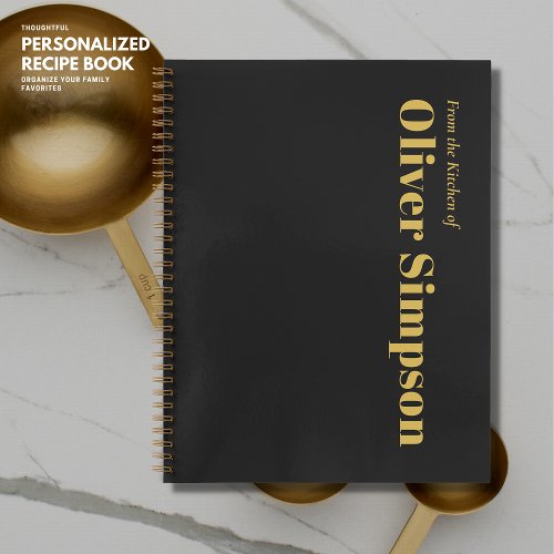 Trendy Simple Black Gold Monogram Name Recipe Notebook