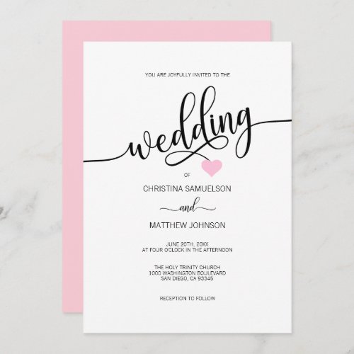 Trendy Simple Black White Pink Heart Wedding Invitation