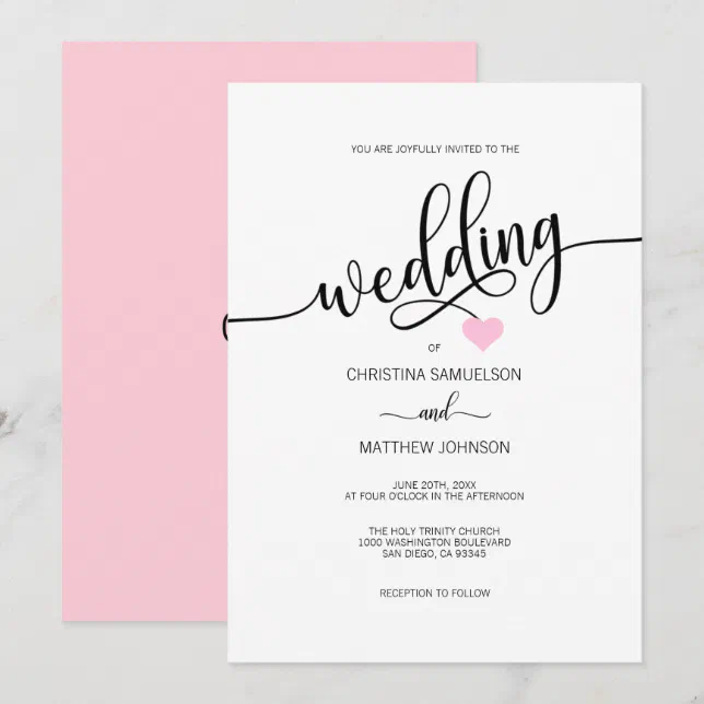 Pink Invitations Heart Trendy Simple Black White Pink Heart Wedding Invitation | Zazzle