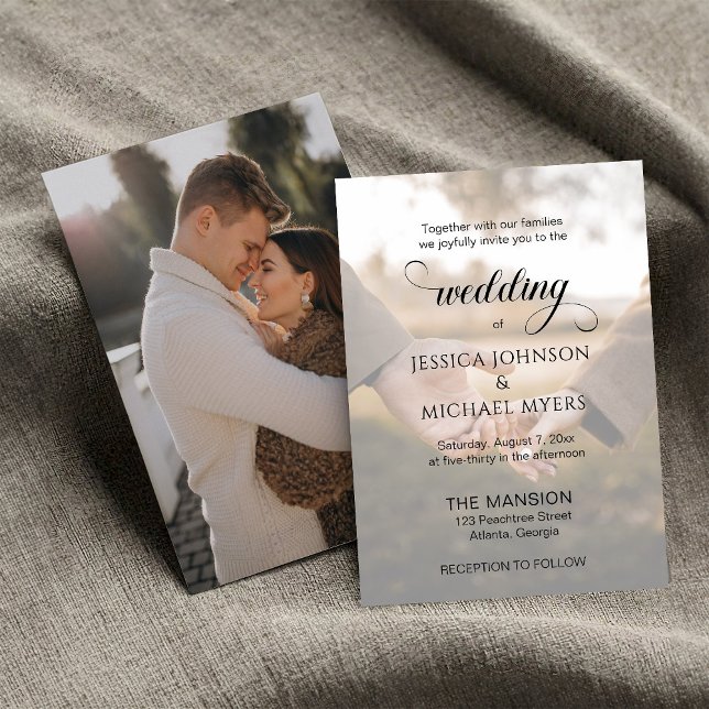Trendy Simple Calligraphy Overlay Photo Wedding Invitation (Creator Uploaded)