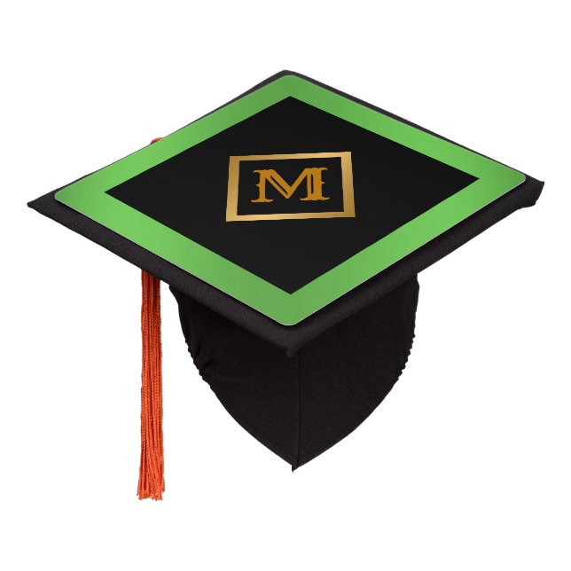 Trendy Simple Customize Gold Green Graduation Cap Topper (Angled)
