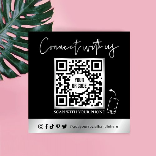 Trendy Simple QR Code Scannable Black  Silver Square Business Card