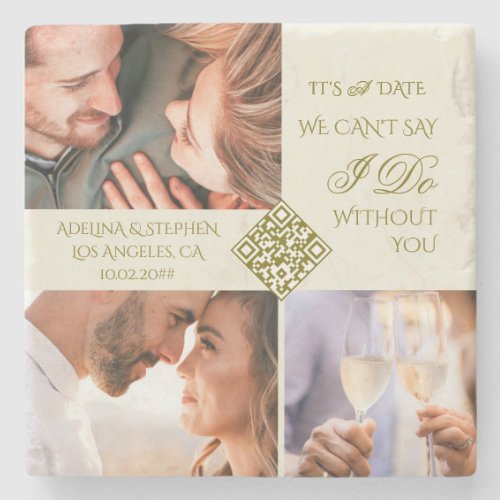 Trendy Simple Three Photo QR CODE Save The Date Stone Coaster