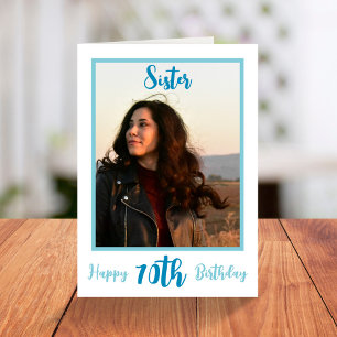 Trendy Sister 70th Birthday Blue Script Photo Card