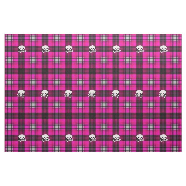Trendy skull pink black white plaid cool fabric (Yard)