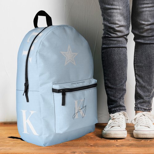 Trendy Sky Blue Monogram Stylish Back to School Printed Backpack