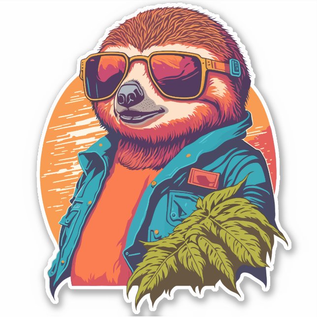 Trendy Sloth with Retro Style Sticker (Front)