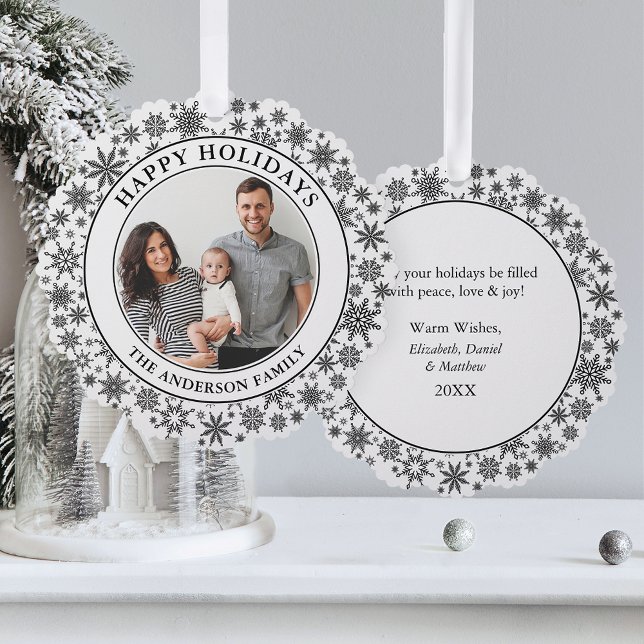 Trendy Snowflakes Black and White Happy Holidays Ornament Card (A greeting card that is also an ornament! Customize with your photo and personalized text.)