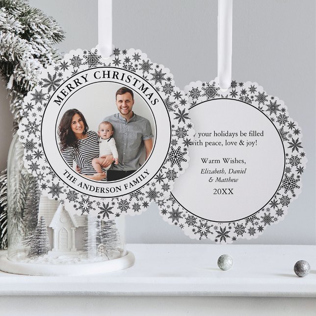 Trendy Snowflakes Black and White Merry Christmas Ornament Card (A greeting card that is also an ornament! Customize with your photo and personalized text.)
