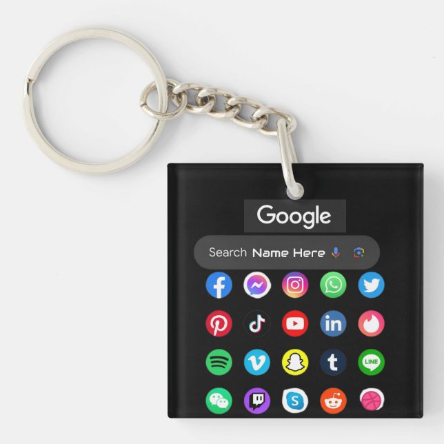 Trendy Social Media Icons Google Search Bar Black Keychain (Front)