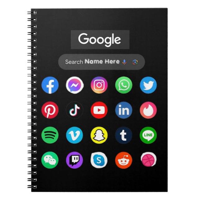 Trendy Social Media Icons Google Search Bar Black Notebook (Front)