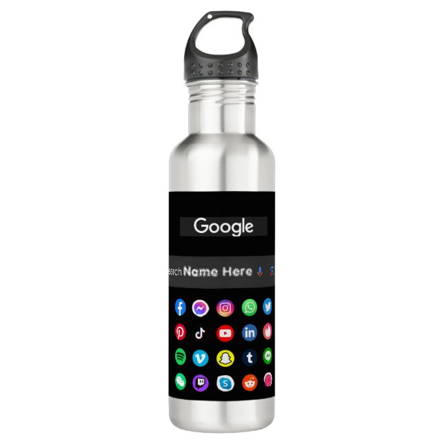 Trendy Social Media Icons Google Search Bar Black Stainless Steel Water Bottle (Front)