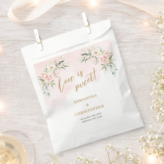 Trendy soft pink roses eucalyptus gold wedding favor bag (Clipped)
