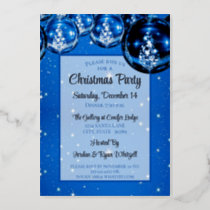 Trendy Sparkle Blue Ornaments Christmas Party Foil Invitation