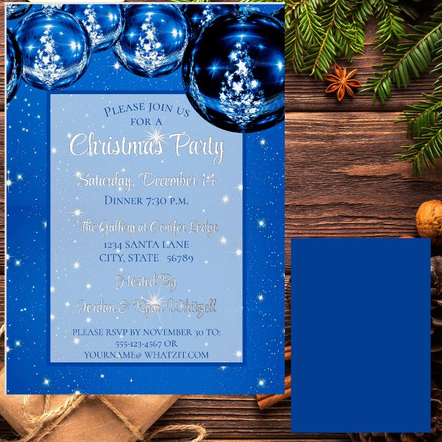 Trendy Sparkle Blue Ornaments Christmas Party Foil Invitation (Creator Uploaded)