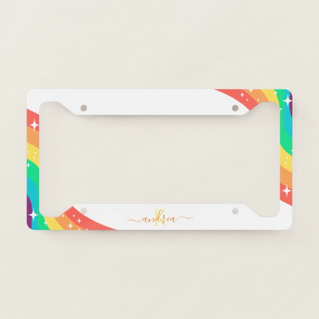 Trendy Sparkle Rainbow Monogram LGBTQ Gay Pride License Plate Frame (Front)