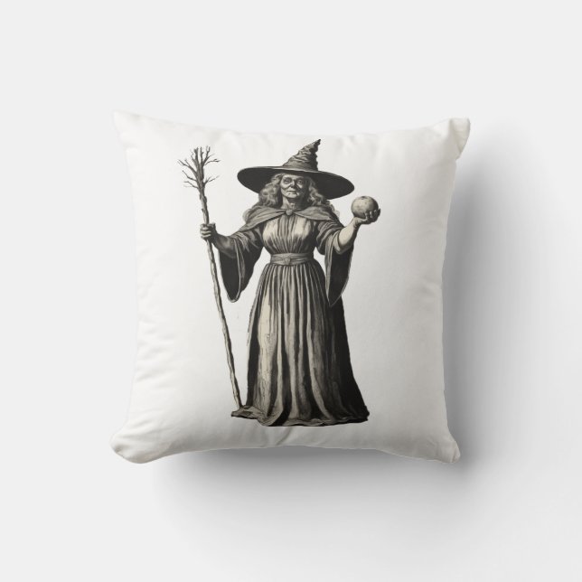 Trendy Spooky Halloween witch and broom Throw Pillow (Front)