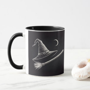 Trendy Spooky Halloween witch hat and broom black Mug
