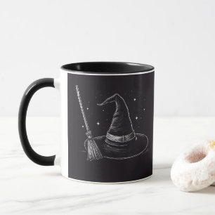 Trendy Spooky Halloween witch hat and broom black Mug