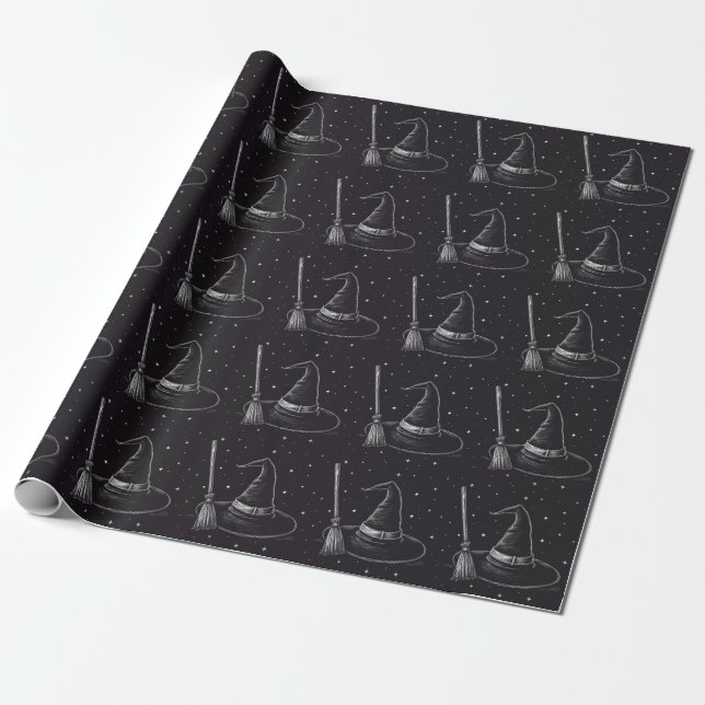 Trendy Spooky Halloween witch hat and broom black  Wrapping Paper (Unrolled)