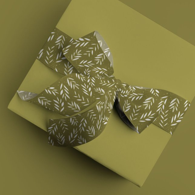 Trendy Sprig Green Satin Ribbon (Botanical sprigs holiday ribbon.)