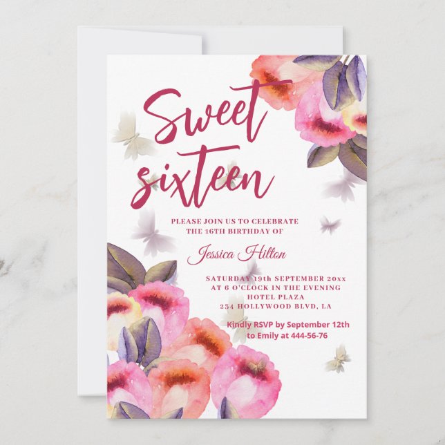 Trendy Spring Butterfly tulips sweet sixteen  Invitation (Front)