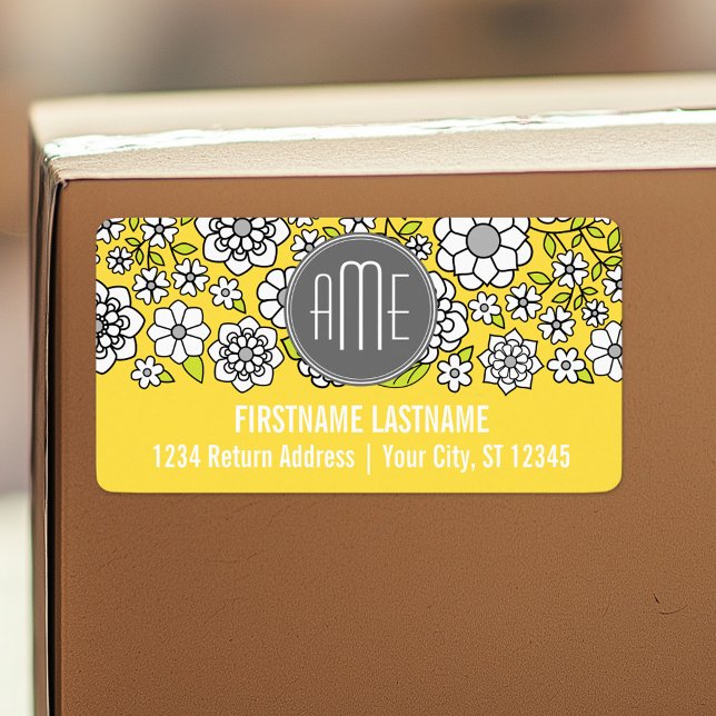 Trendy Spring Floral Illustration gray and yellow Label (Custom Shipping Label with Return Address)