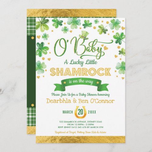 Trendy St Patricks Day Lucky Shamrock Baby Shower Invitation